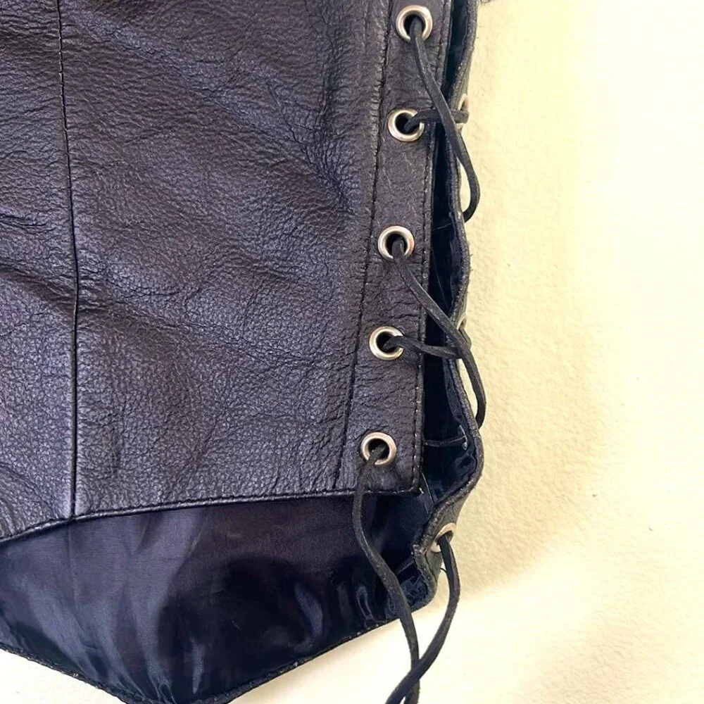 Black Leather Ladie's Lace Up Sides Motorcycle Vest Vietnam Vet Patches‎ Biker